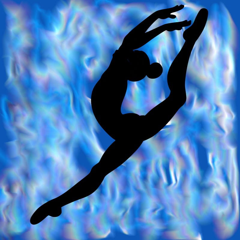 gymnast doing a leap in a leotard with a bent back leg