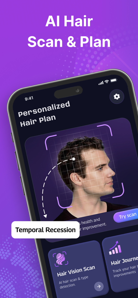 Hair AI: Hair Scanner & Care - Smartphone app screen showing an AI hair scan for temporal recession and personalized hair care plan