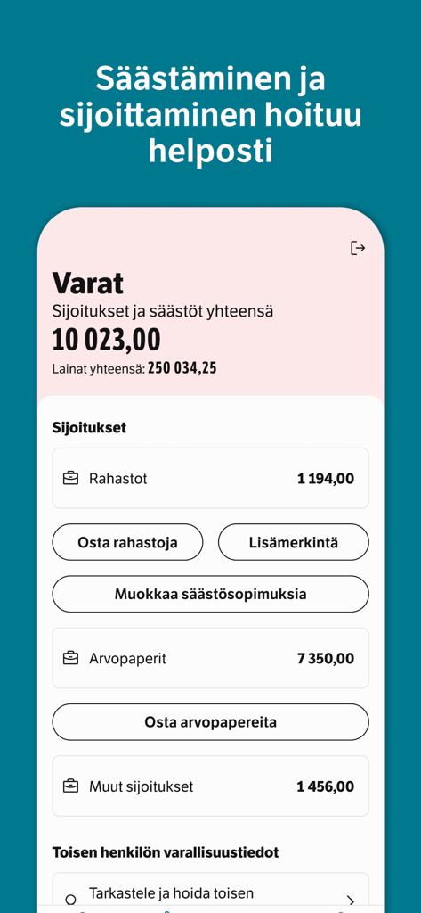 Übersichtsseite für Anlagen und Ersparnisse in der Säästöpankki Mobiili Banking App, die Gesamtvermögen und Fonds anzeigt