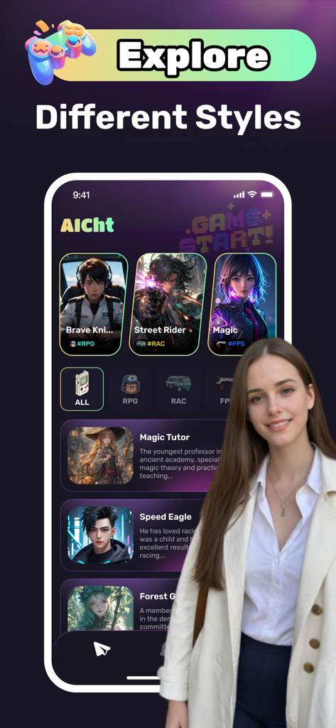 AICht: Live Chat Hot Girls - AICht app screen showing a variety of AI characters and gaming styles for interactive chat.