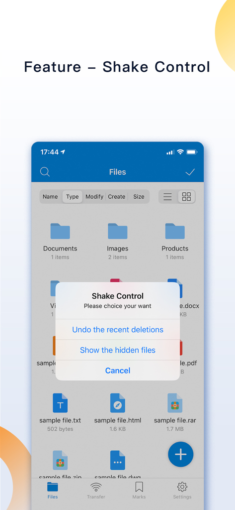 FileMate app interface showing the Shake Control popup menu with options to undo deletions and show hidden files