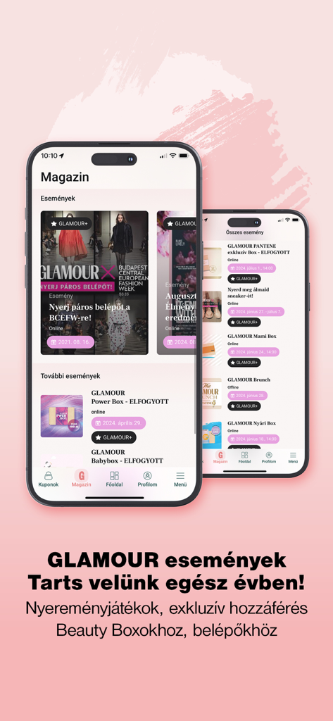 Mobile interface of the GLAMOUR Hungary app showing exclusive fashion events, sweepstakes, and beauty box offers.
