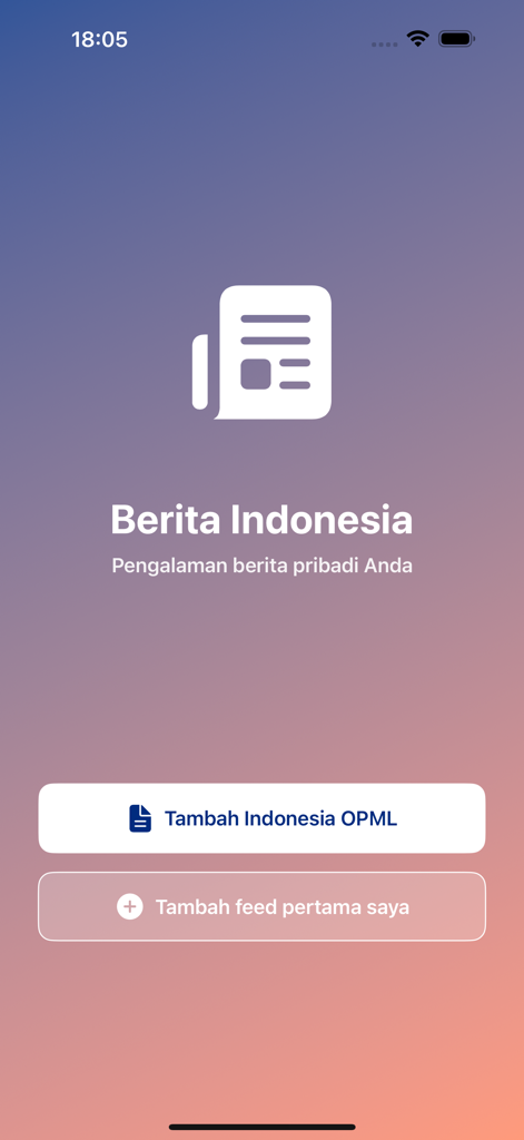 Welcome screen of the Indonesia Berita News app with options to import OPML and add RSS feeds