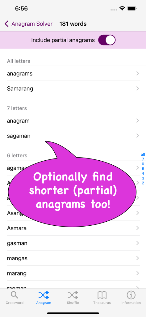 Anagram solver screen showing a list of word results of varying lengths with partial matches enabled