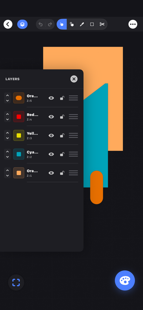 Interface of the Color Theory Studio app showing the layers management panel and geometric shapes on a canvas.