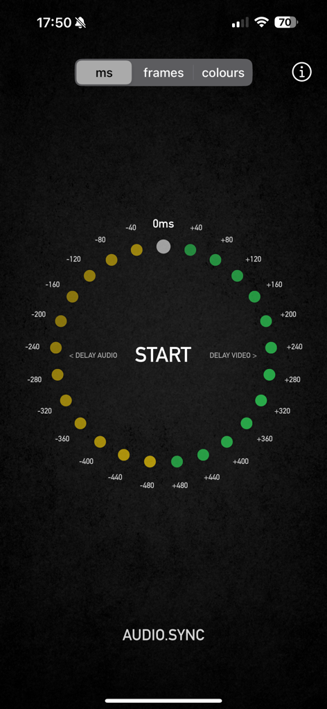 AUDIO.SYNC - AUDIO.SYNC Mobile App-Oberfläche, die einen kreisförmigen Timing-Ring zur professionellen Audio- und Video-Verzögerungskalibrierung zeigt