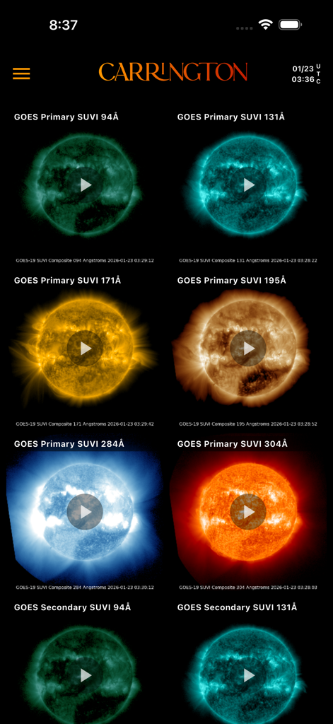 Carrington - A grid of live solar video streams from GOES satellites in the Carrington app dashboard