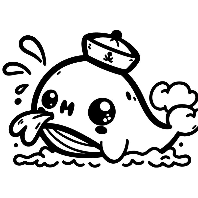 kawaii whale: spouting water and wearing a cute sailor hat