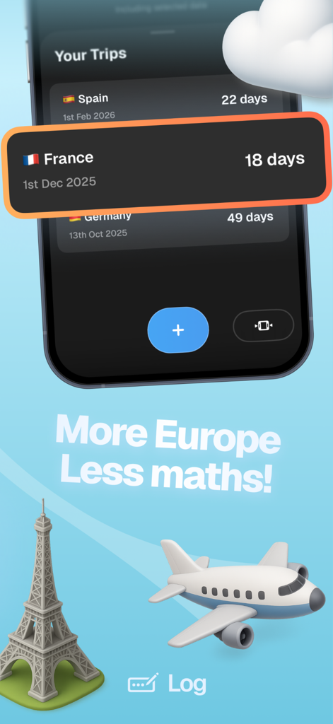 90 Days in Europe - Trip log interface of the 90 Days in Europe app showing duration of stays in France Spain and Germany