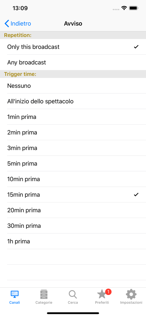 Italian TV Schedule app alert settings screen with notification trigger time options