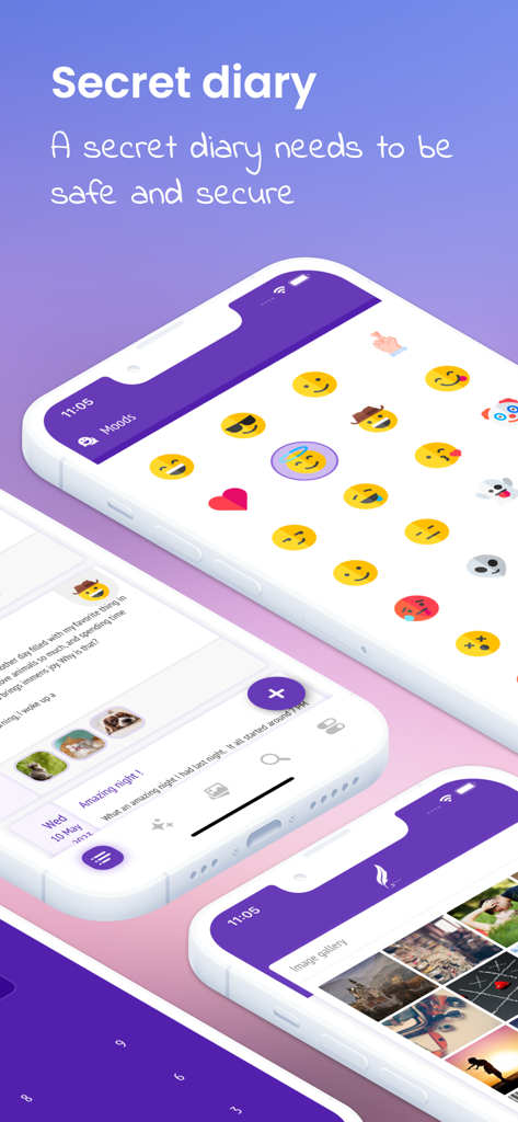 Secret Journal app interface showing emoji mood tracking and daily photo logs on multiple iPhones