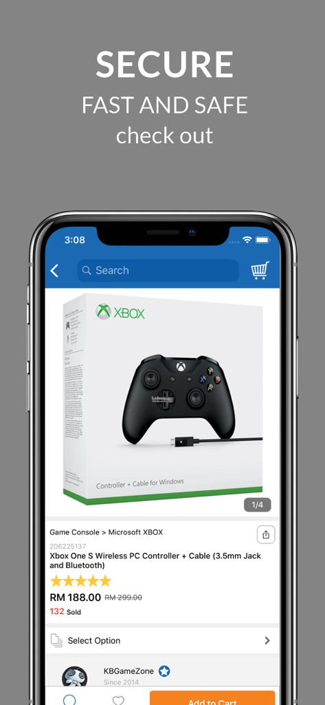 Lelong.my - Shop and Save - Lelong.my mobile app interface showing a secure checkout message and product page for an Xbox gaming controller.