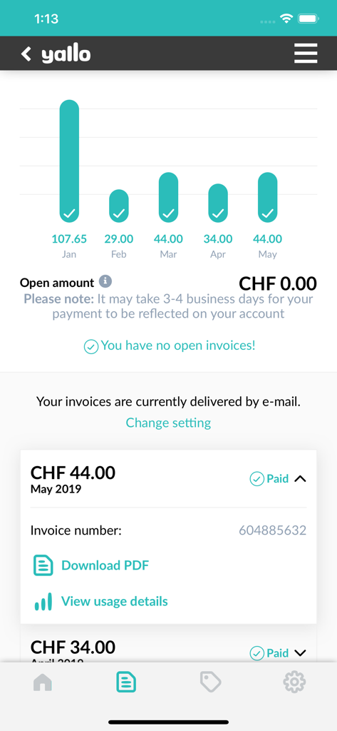 Dashboard dell'app mobile yallo che mostra un grafico a barre delle spese mensili e informazioni dettagliate sulle fatture pagate