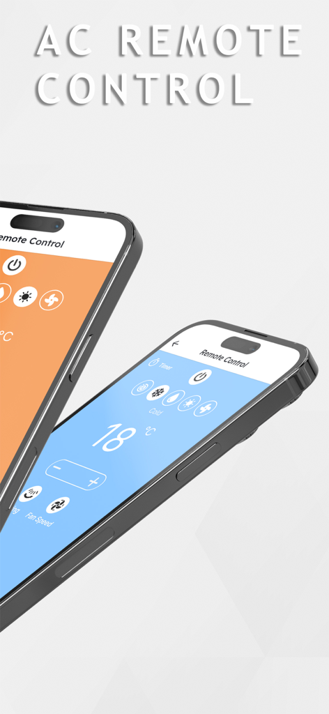 AC Remote Control Universal - Interface of the universal AC remote control app on two smartphones showing temperature and mode settings