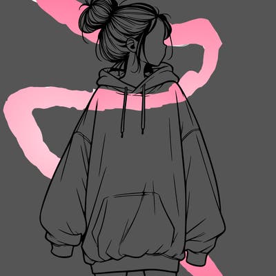realistic girl with a oversized sweatshirt on and a bun