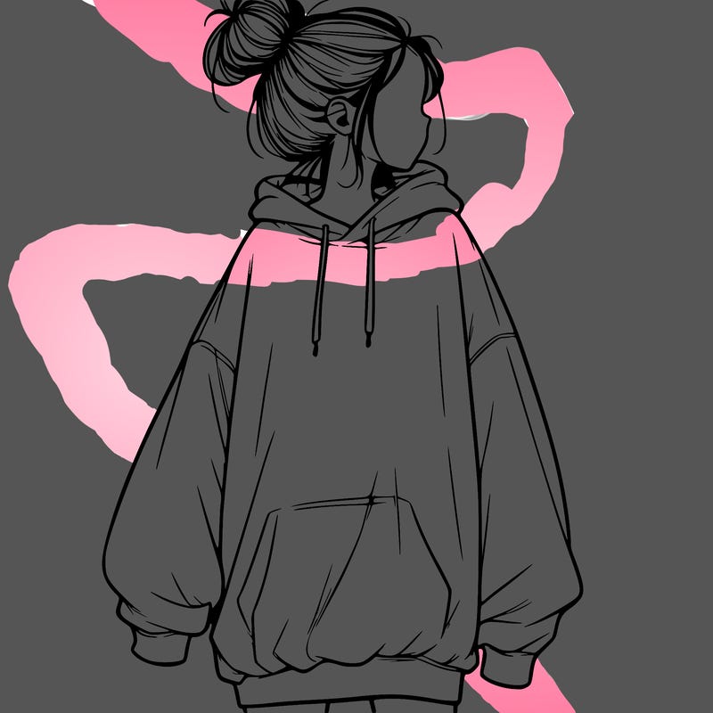realistic girl with a oversized sweatshirt on and a bun