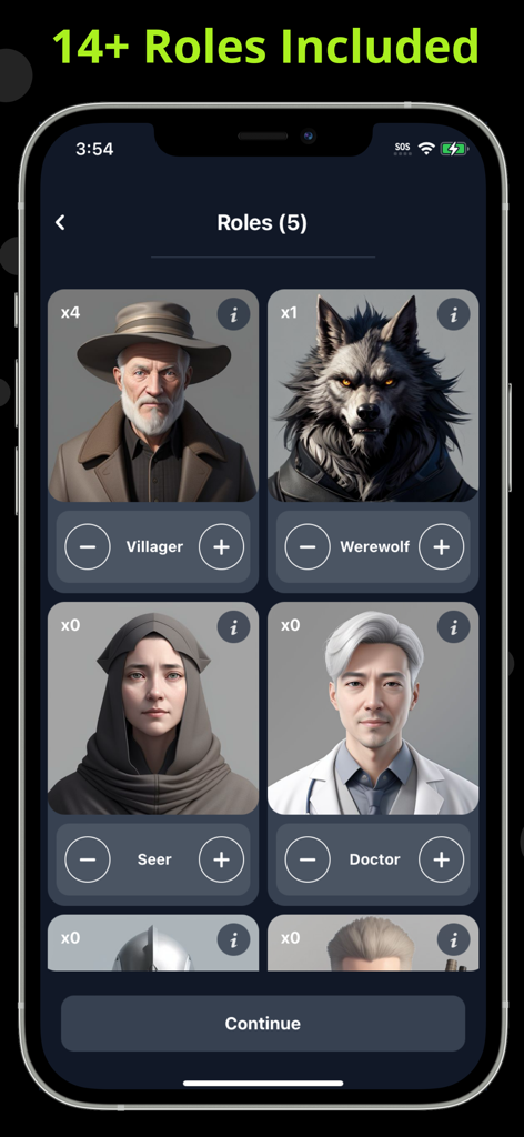 Werewolf Mafia 게임의 모바일 화면으로, 마을 주민, 늑대인간, 예언자, 의사 역할 선택 및 수량 조절 기능 표시