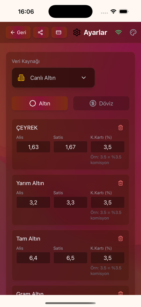 Kuyumcu Fiyat Ekranı - Pantalla de configuración de la aplicación Jeweler Price Screen que muestra las tasas configurables de compra y venta de tipos de oro como el Cuarto y Medio Oro.