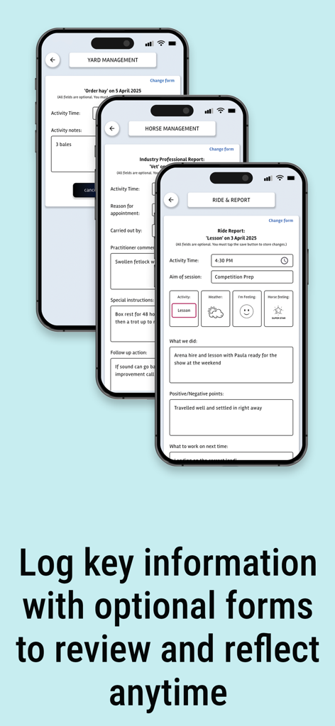 Equiniser - Three iPhone screens displaying Equiniser app management forms for yard horse health and ride reports