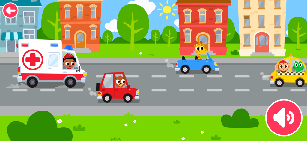 Doctor Kiko - Doctor Kiko conduciendo una ambulancia en una colorida calle de dibujos animados con animales en varios coches