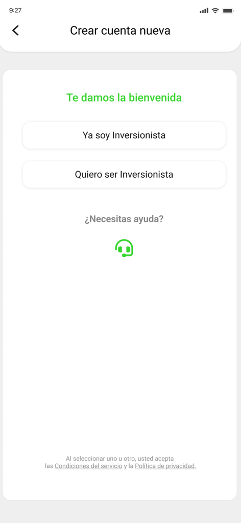 Orve - Pantalla de bienvenida de la aplicación de inversión inmobiliaria Orve y pantalla de creación de cuenta con opciones de inicio de sesión para inversores.