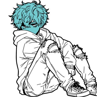 a male hoddie ripped jeans messy hair anime