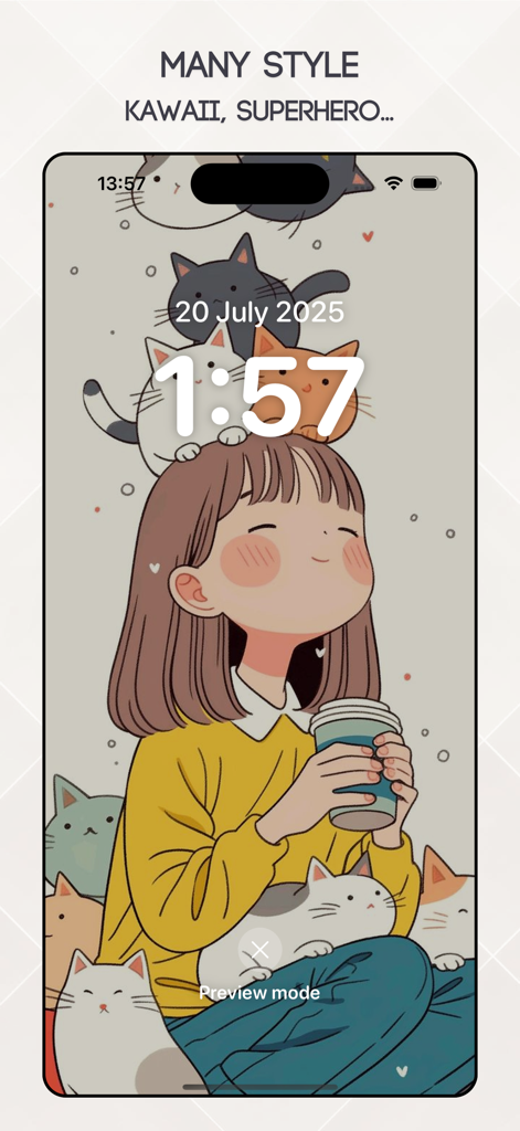 Minimal Lockscreen - One Wall - A kawaii style wallpaper showing a girl with several cats on her head and around her on an iPhone lockscreen