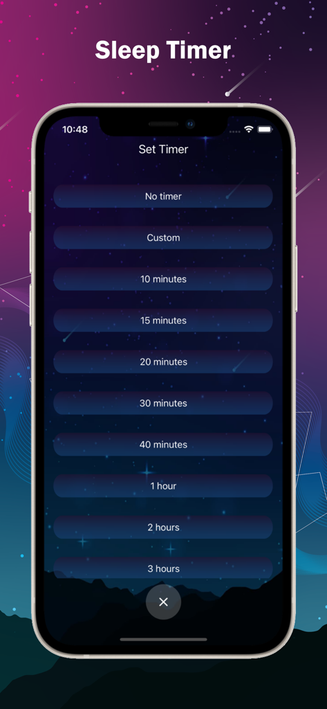 Sleep Sounds app screen showing a sleep timer menu with various duration options over a starry night background