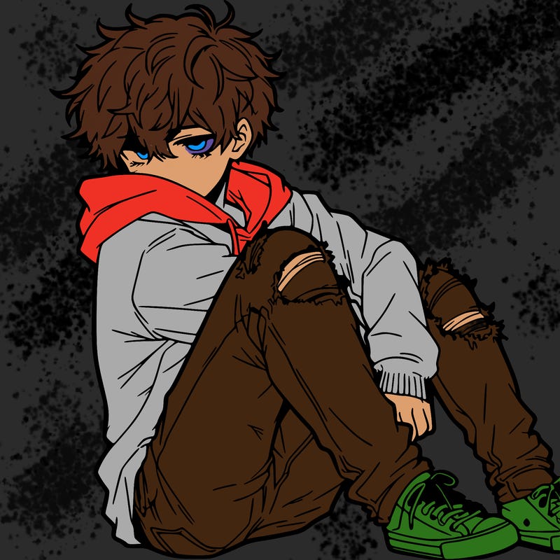 a male hoddie ripped jeans messy hair anime