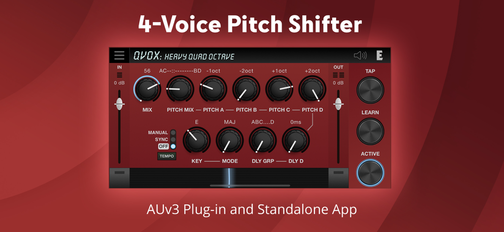 User interface of the QVox audio effect app showing controls for a 4-voice pitch shifter and delay.