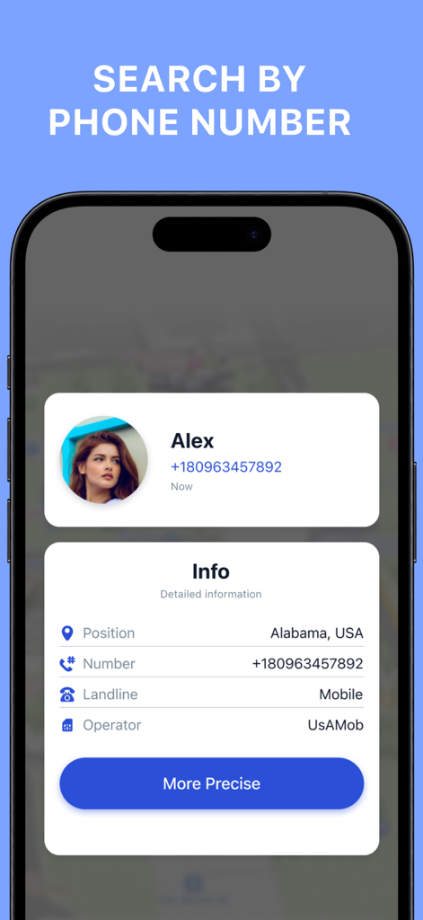 Interfaz de una aplicación móvil que muestra detalles de ubicación de un contacto encontrado usando un número de teléfono