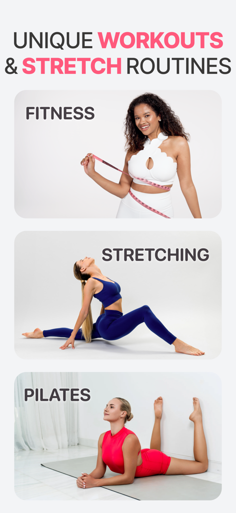 Fitny - Stretching & Fitness - Fitny app interface displaying categories for fitness stretching and pilates workout routines