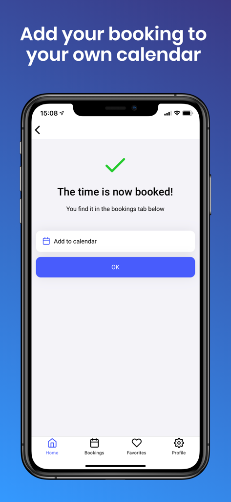 BookMore - A mobile screen from the BookMore app showing a successful booking confirmation with an option to add the appointment to a personal calendar.