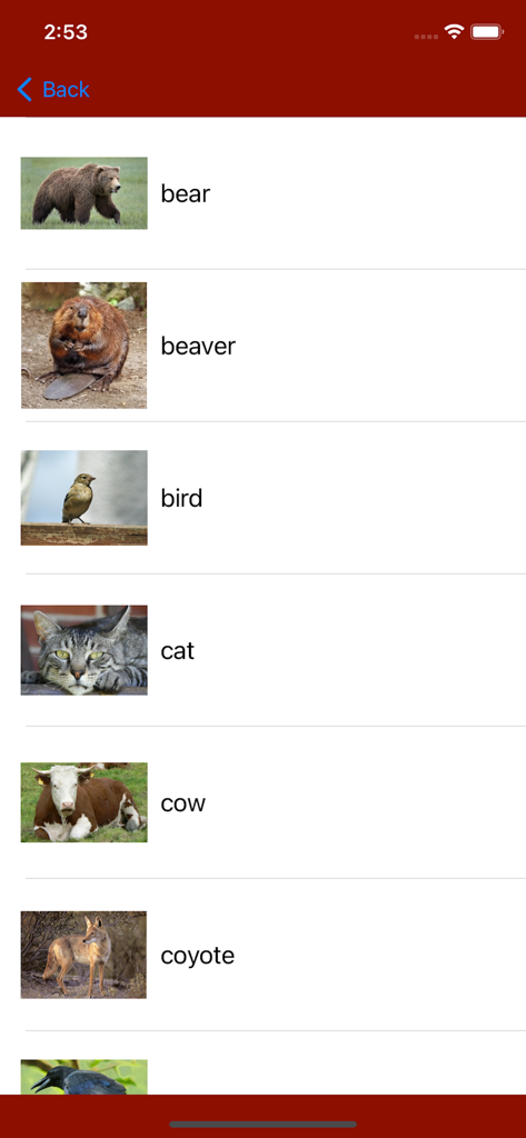 Lista de vocabulario de animales con fotos en la aplicación Speak Navajo