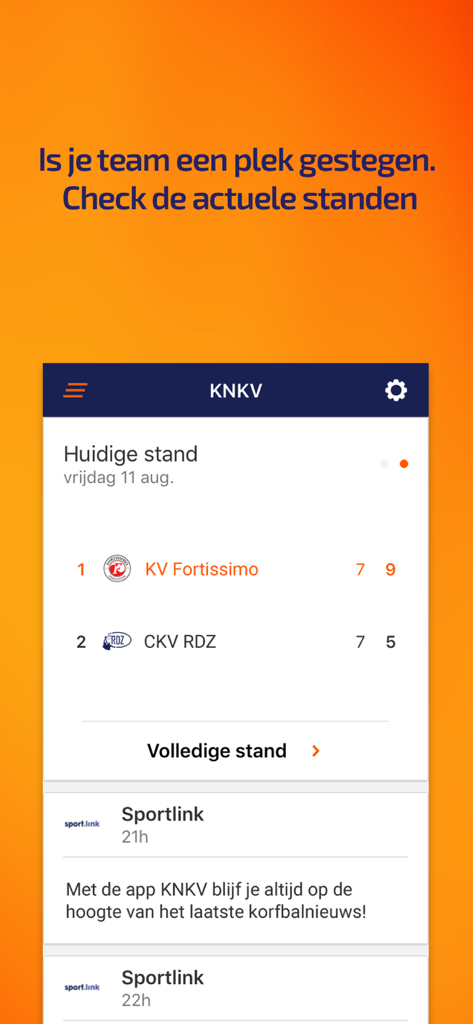 Current korfball team standings and league rankings on the KNKV Wedstrijdzaken app interface