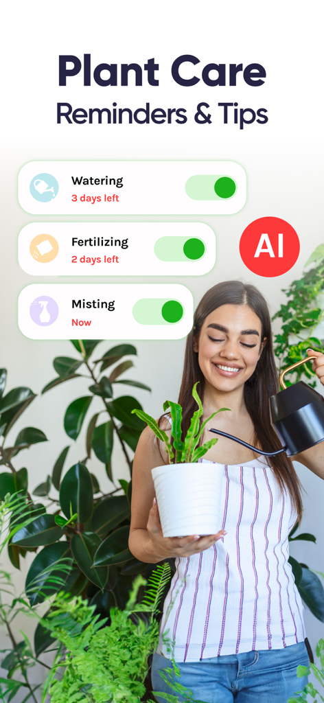 Planty app interface showing plant care reminders for watering and fertilizing