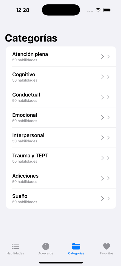 Caja de herramientas de TCC - Pantalla de la aplicación CBT Toolbox que muestra una lista de categorías de salud mental en español que incluyen Mindfulness y Trauma