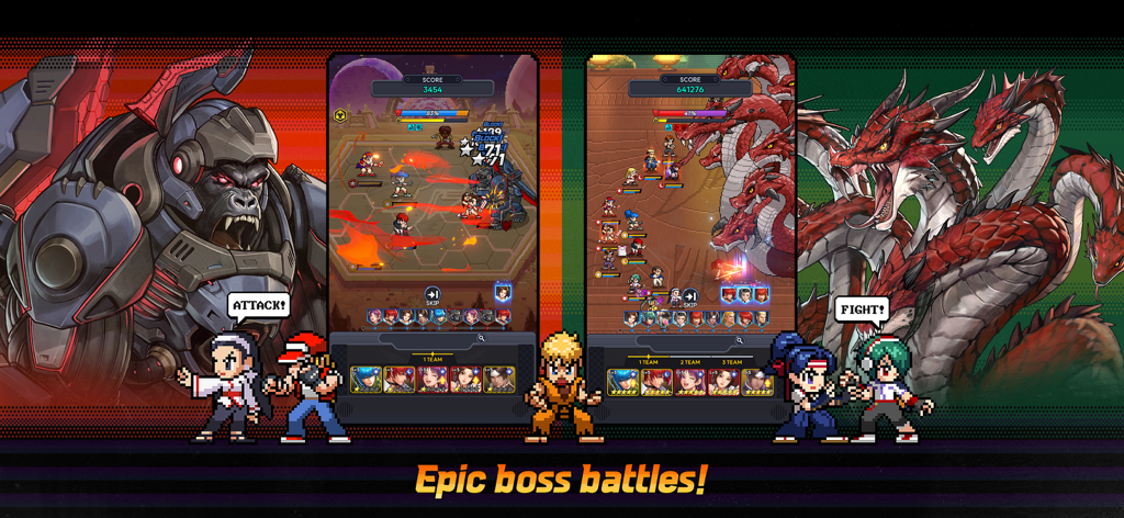 THE KING OF FIGHTERS AFK - Personajes de pixel art en THE KING OF FIGHTERS AFK luchando contra un gorila mecánico gigante y un dragón de múltiples cabezas en batallas épicas contra jefes.