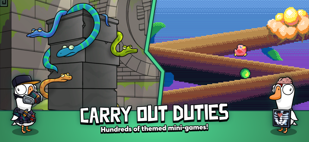 Two goose characters in costumes showcasing various themed mini games in Goose Goose Duck