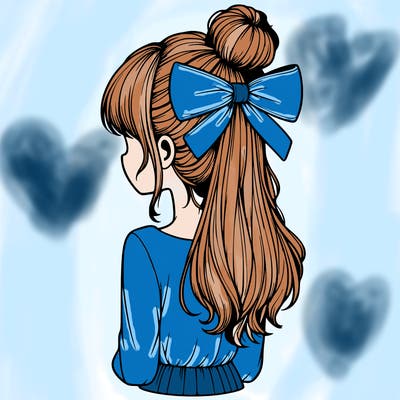 realistic girl  with hip length hair a bun and a big bow on the back of head