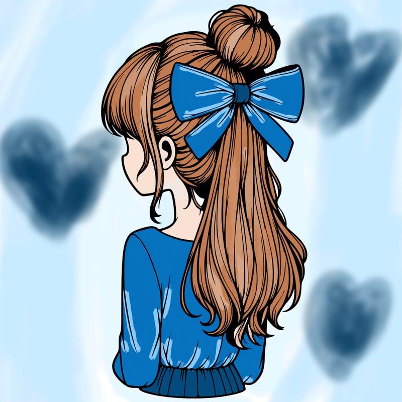 realistic girl  with hip length hair a bun and a big bow on the back of head