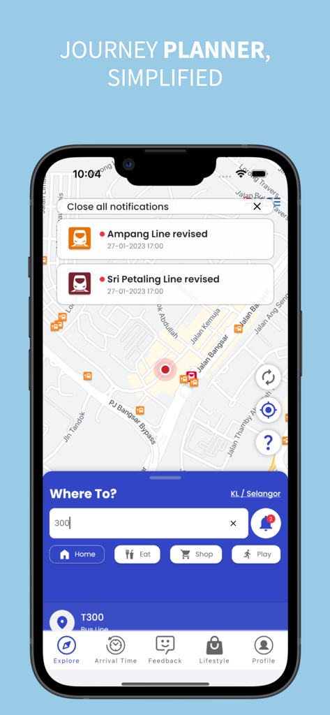 MyRapid PULSE app journey planner interface with a map and real-time service notifications