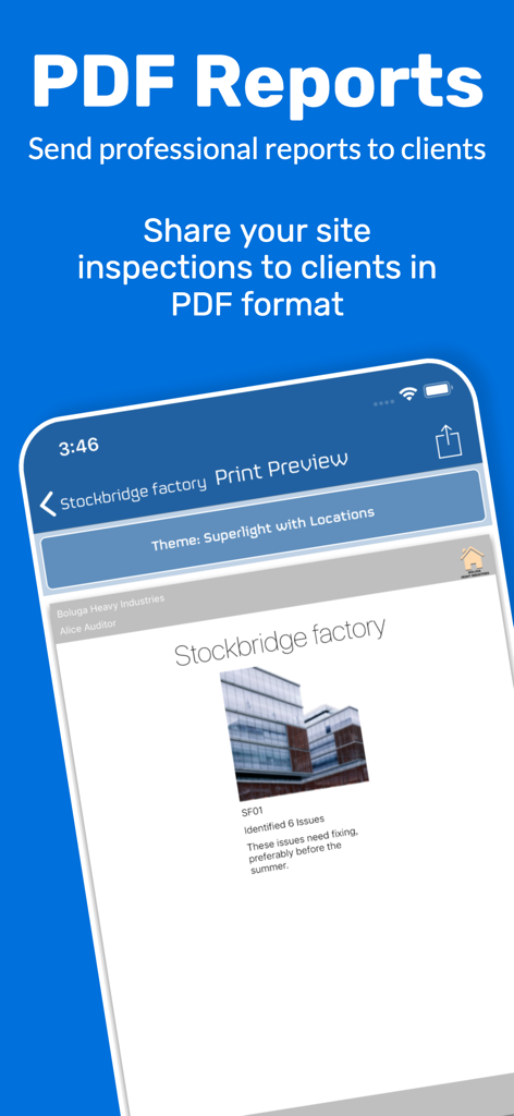 A mobile screen showing a PDF print preview of a construction site inspection report with a building photo and audit details.