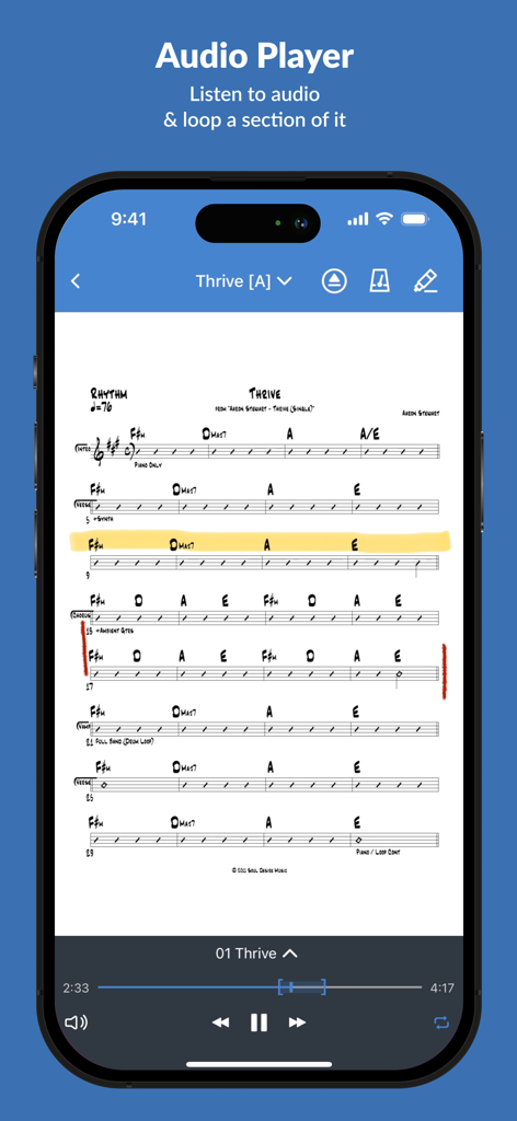 Planning Center Music Stand app interface showing a chord sheet for Thrive with an integrated audio player for rehearsing