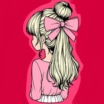 realistic girl  with hip length hair a bun and a big bow on the back of head