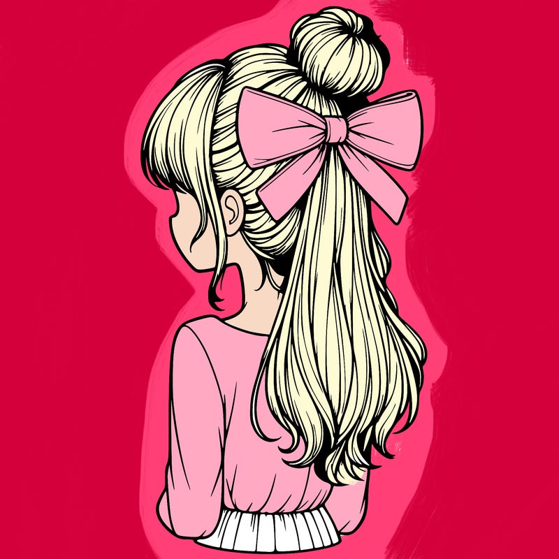realistic girl  with hip length hair a bun and a big bow on the back of head
