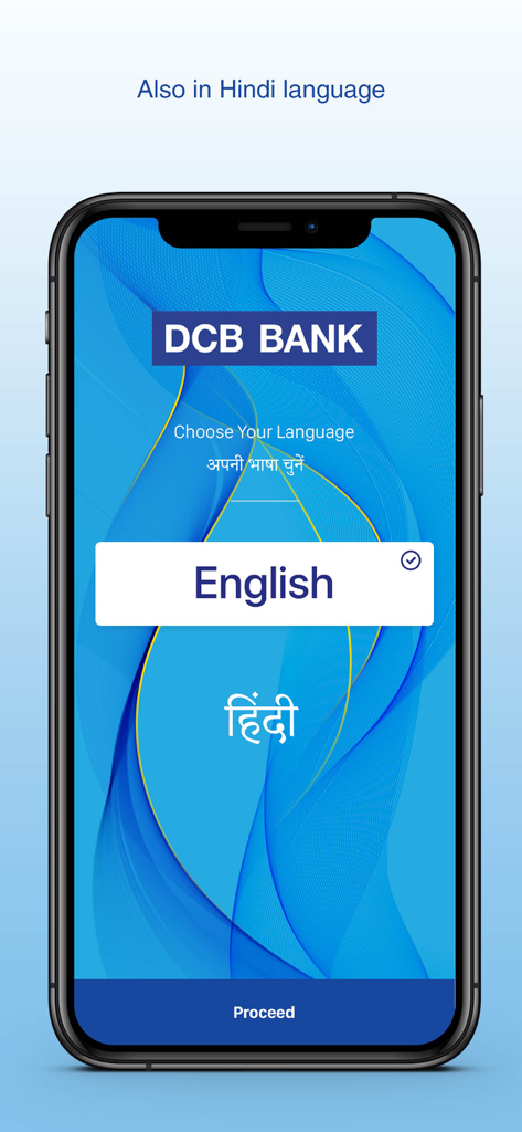 DCB Bank Mobile Banking - Language selection screen in the DCB Bank Mobile Banking app showing English and Hindi options.