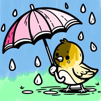 a bird holding an umbrella in the rain