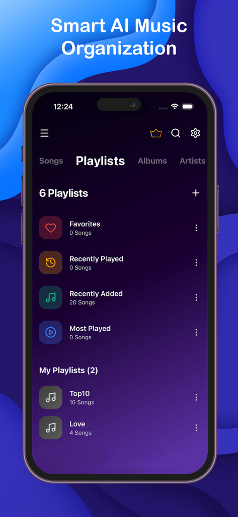 Offline Music Player: Sonix - Interfaz de la biblioteca de listas de reproducción en la aplicación de reproductor de música sin conexión Sonix que muestra funciones de organización inteligente