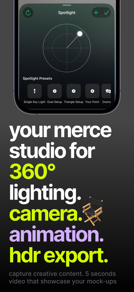 Mock・3D Mockups・Cloth Designer - Mobile app interface showing 360-degree lighting presets for professional 3D clothing mockups.